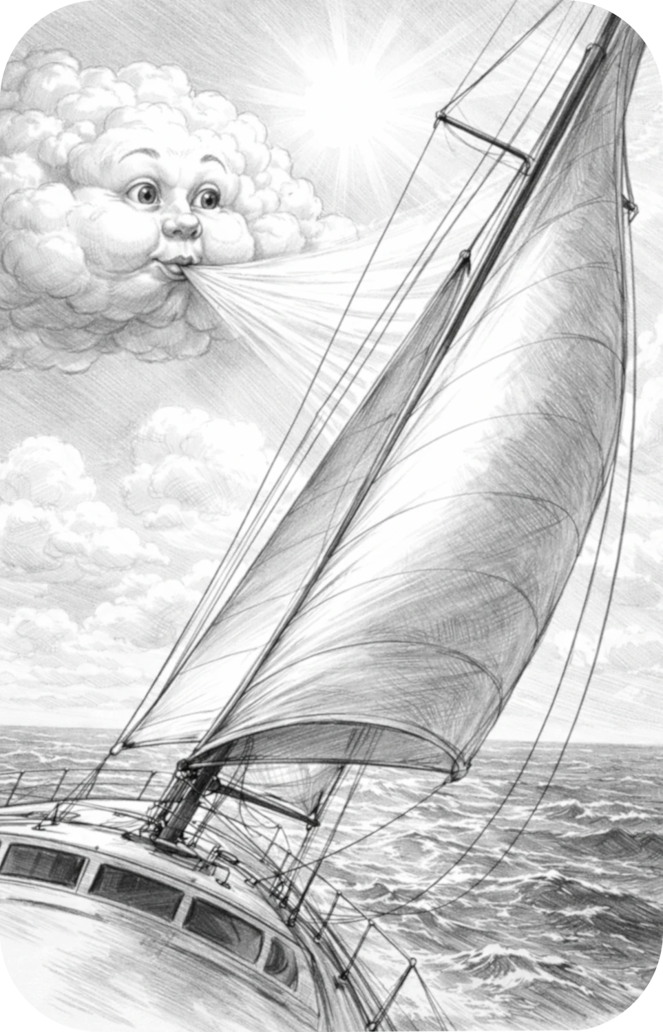 Das Bild zeigt sinnbildlich eine Wolke mit einem freundlichem Gesicht und bei strahlender Sonne. Diese Wolke bläst einem Segelboot kräftig in die Segel und gibt ihm ordentlich Fahrt.